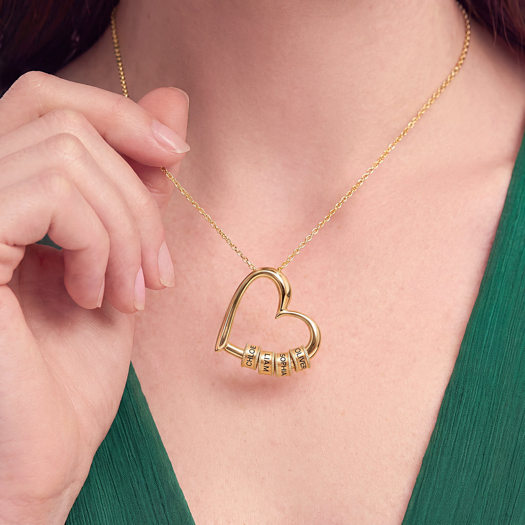 Halskette Damen goldfarben mit Herz-Anhänger und gravierbaren Perlen, romantisch und elegant - 8 - Marlena-atelier